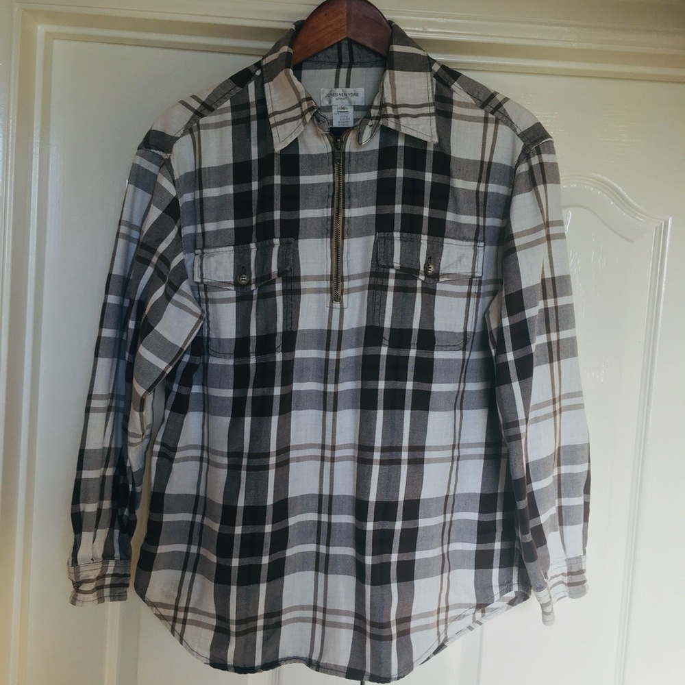 Jones New York Sport Top Plaid Brown & White